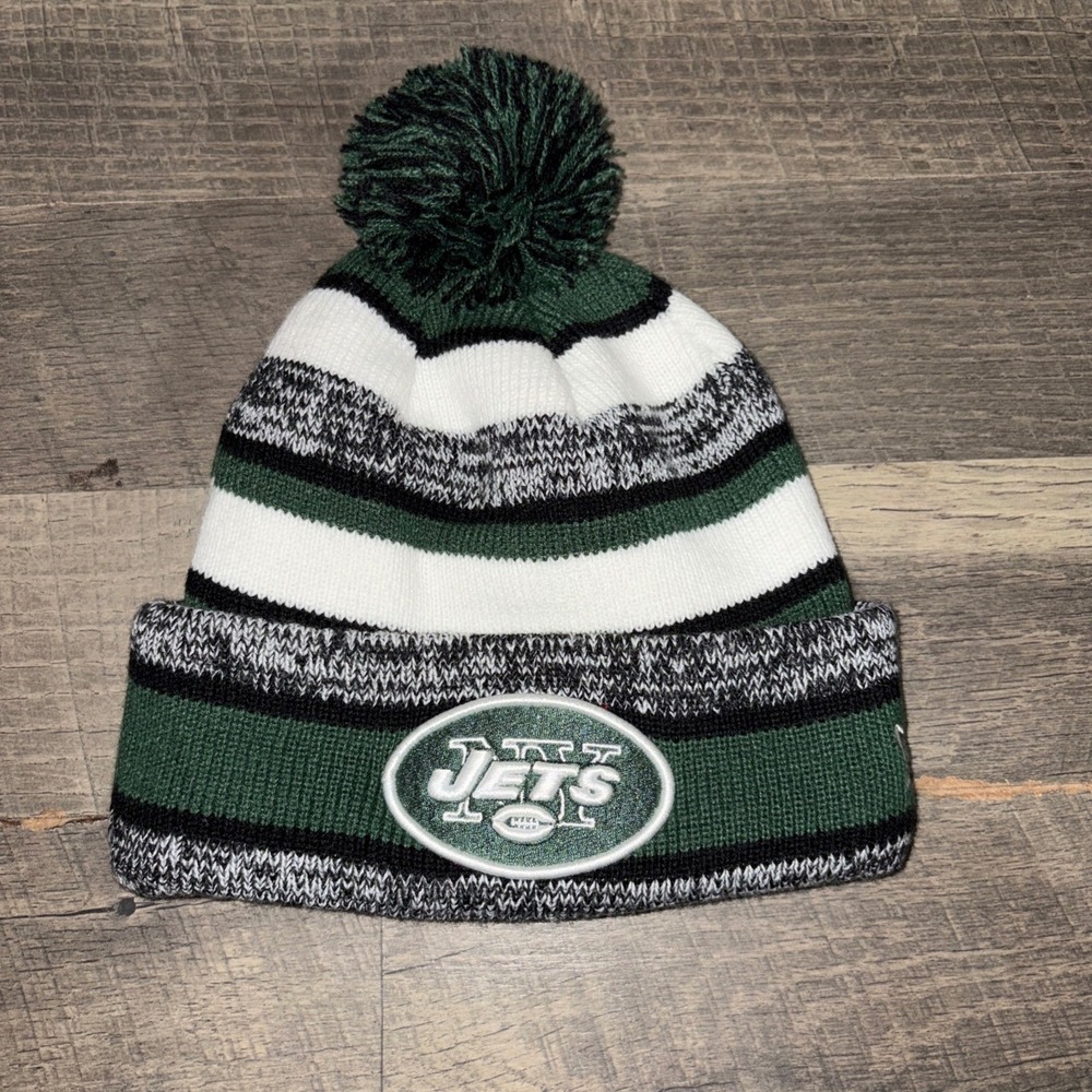 New Era New York Jets Green Grey Pom Beanie Hat Striped One Size NFL NY